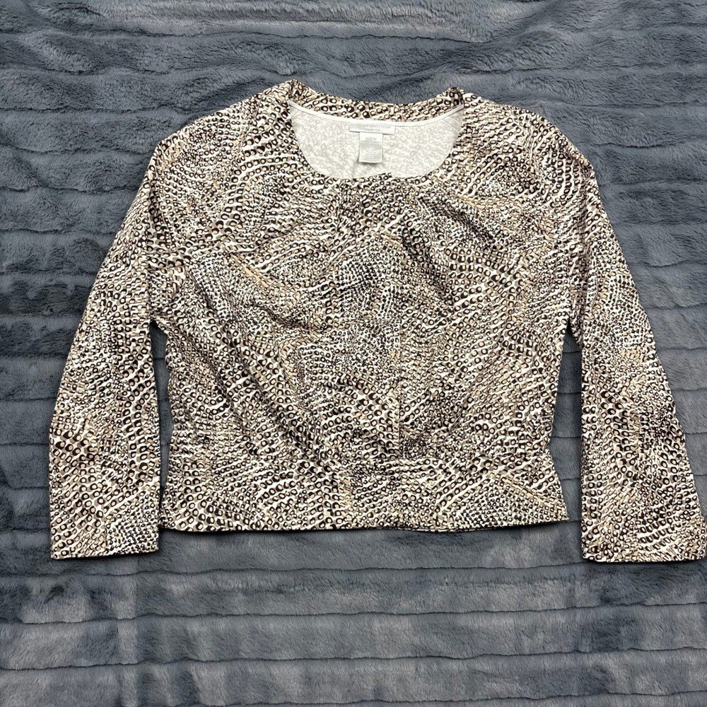 Worthington Stretch Women Medium Leopard Print Gathered Blouse Brown Long Sleeve
